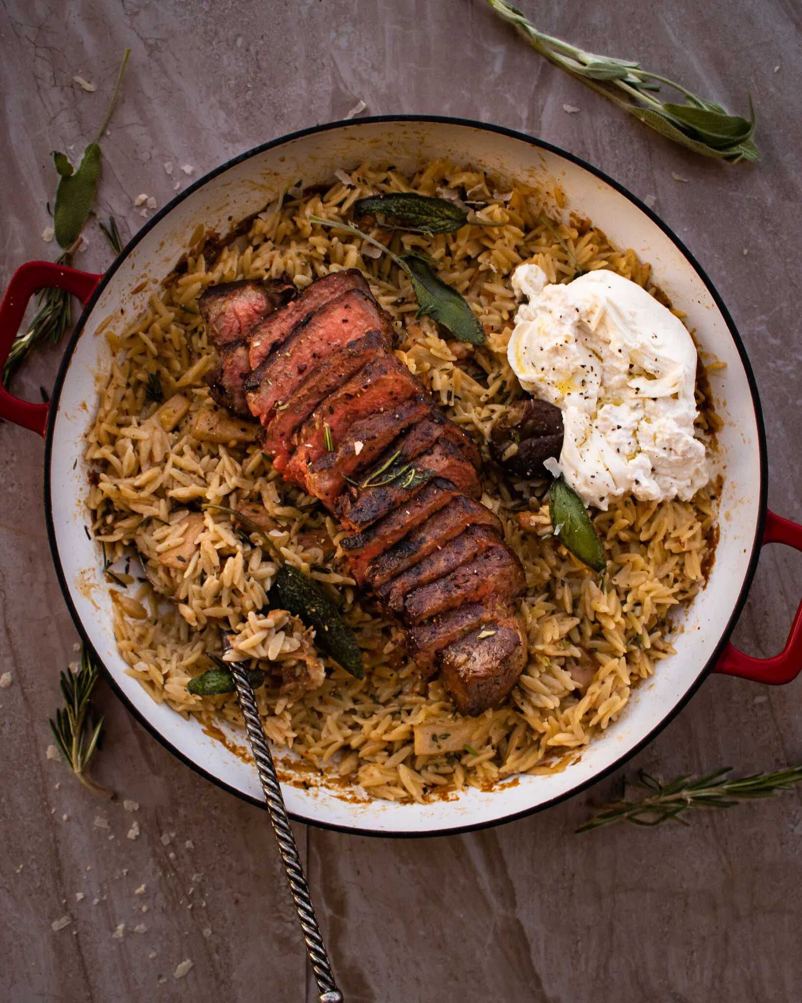 Overhead shot of Brown Butter Orzo with Steak with a slightly wider frame