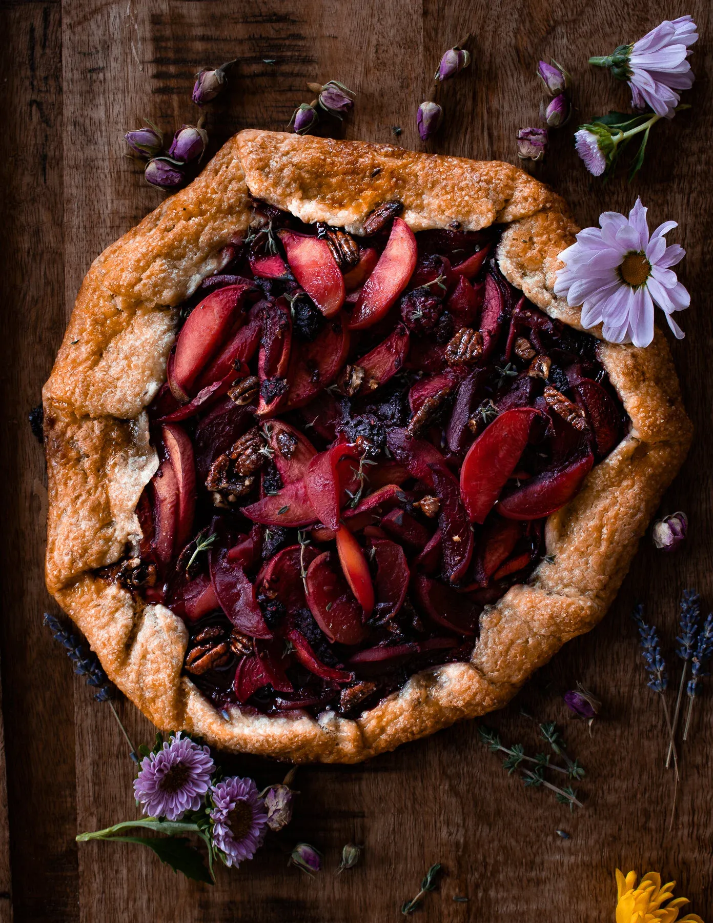 Overhead flat-lay of the poached peach galette before serving