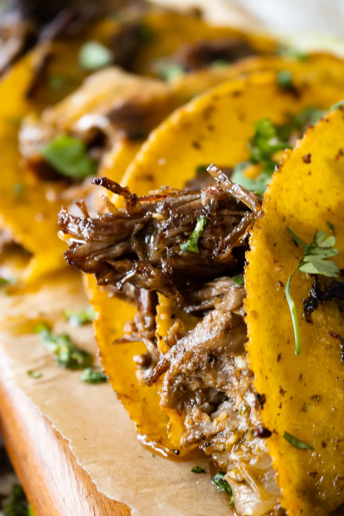 Extreme close-up of a single Crispy Dominican Beef Taco revealing a mound of richly seasoned