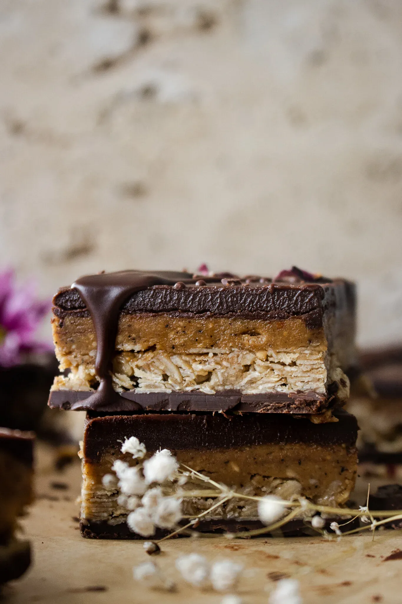 Side close-up of two No Bake Dark Chocolate Peanut Butter Oat Bars stacked to show the cross-section layers