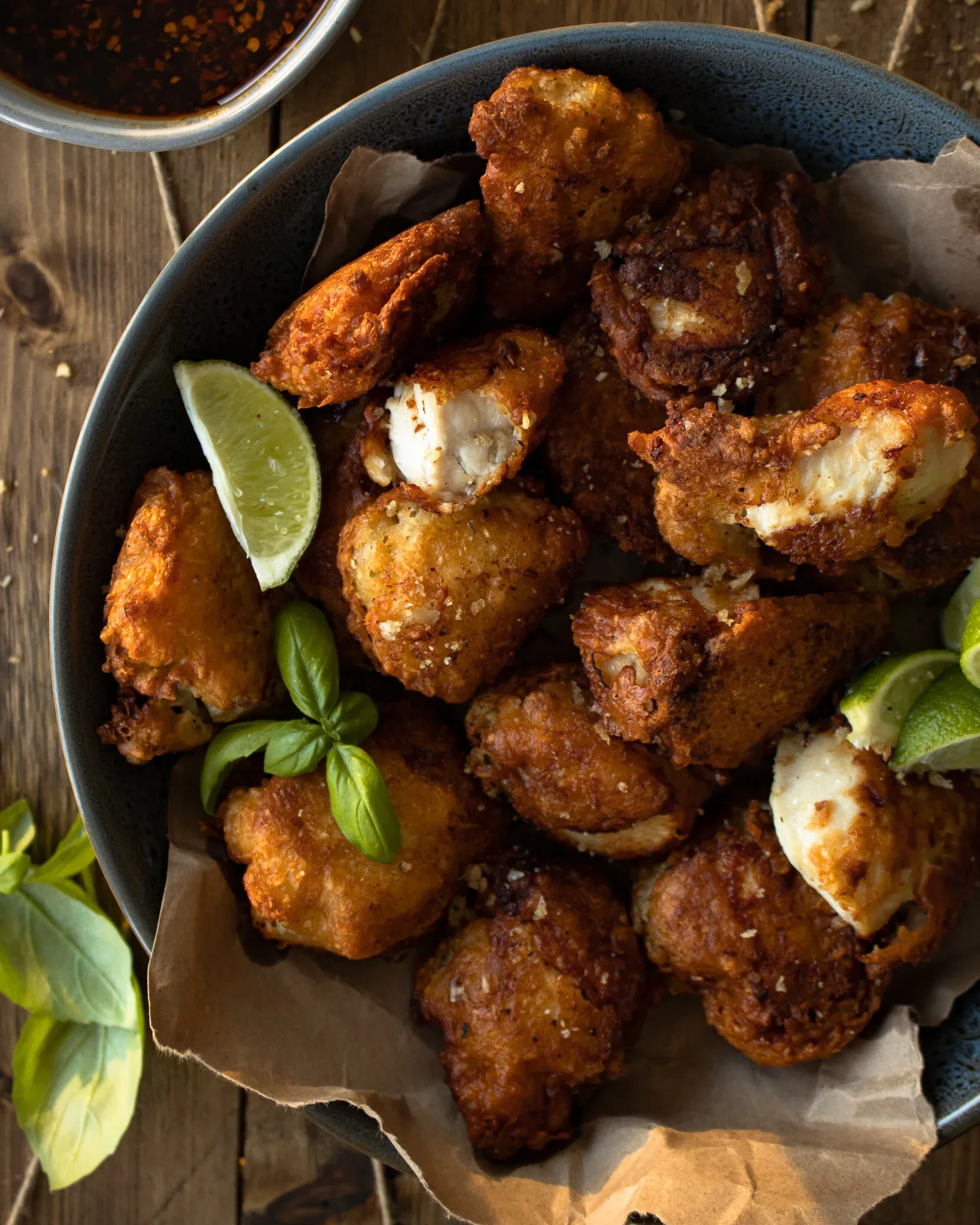 Close-up angled overhead of the Batter Fried Chicken bowl with bright even lighting