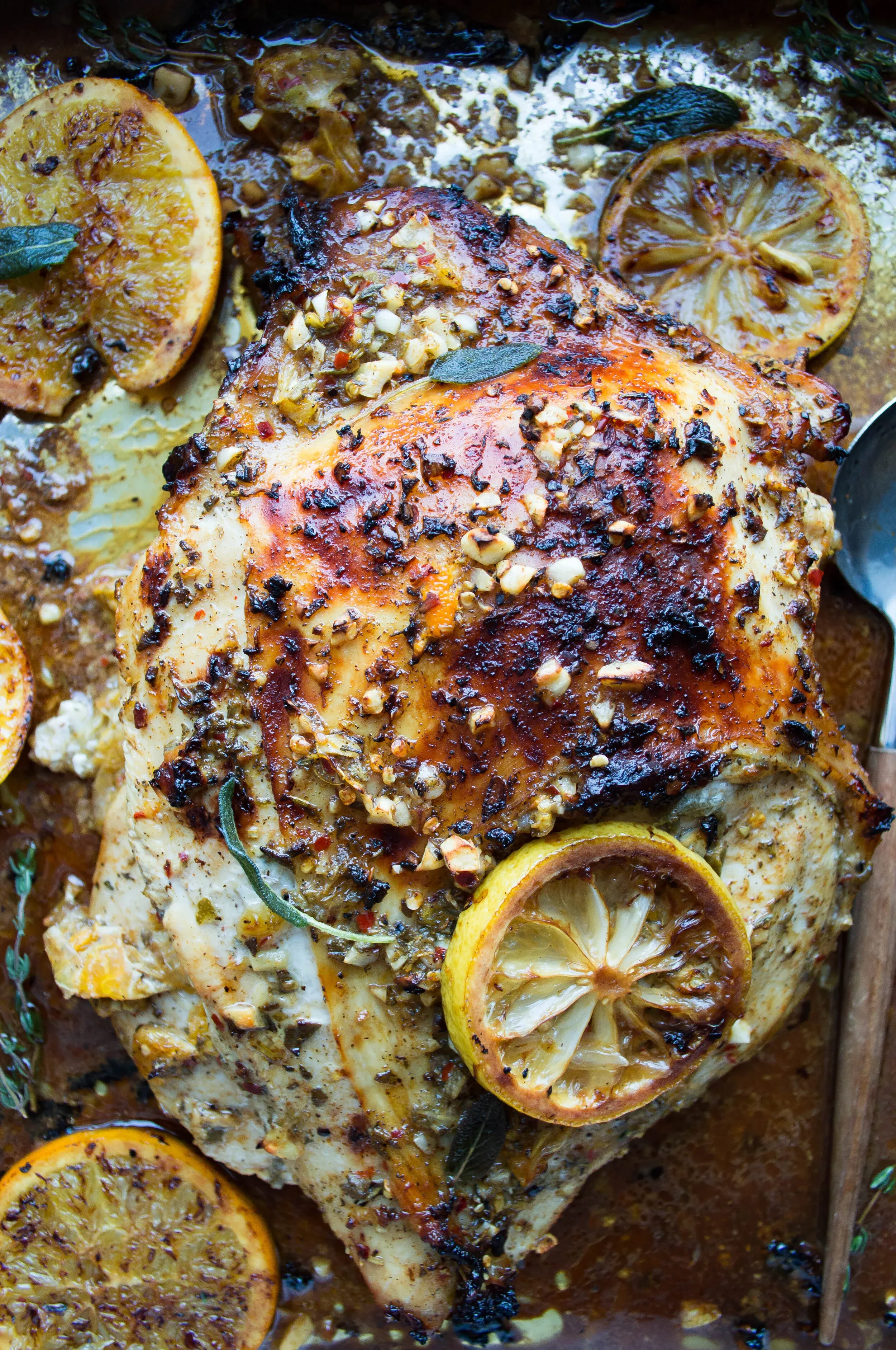 Close overhead crop of the Herby Wine and Citrus Marinated Turkey Breast in the roasting pan