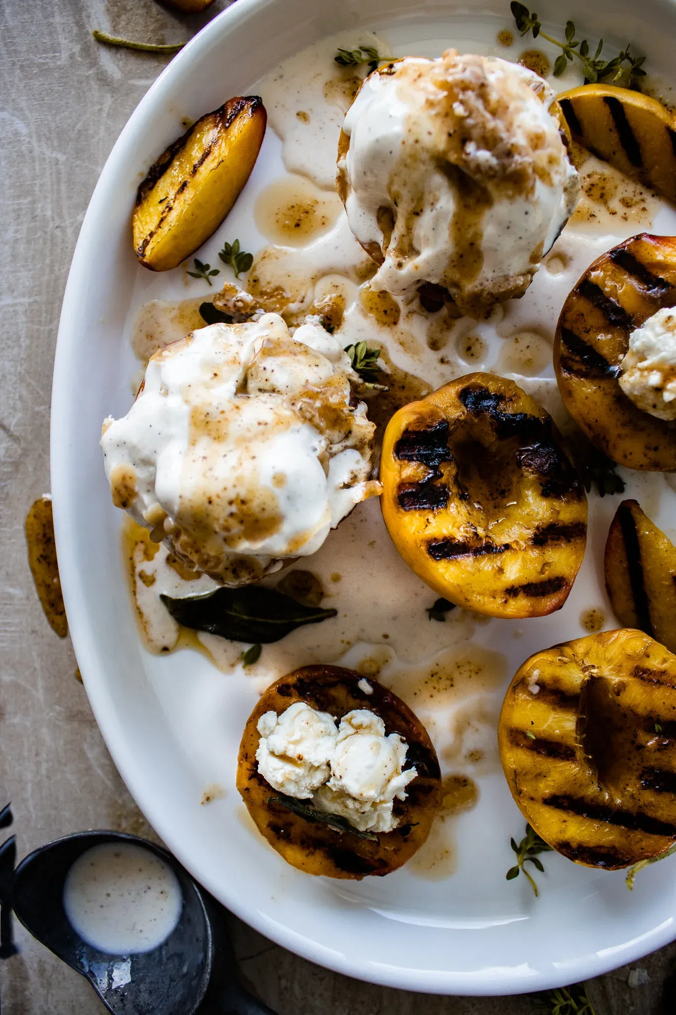 Close overhead crop of the maple brown butter grilled peaches platter