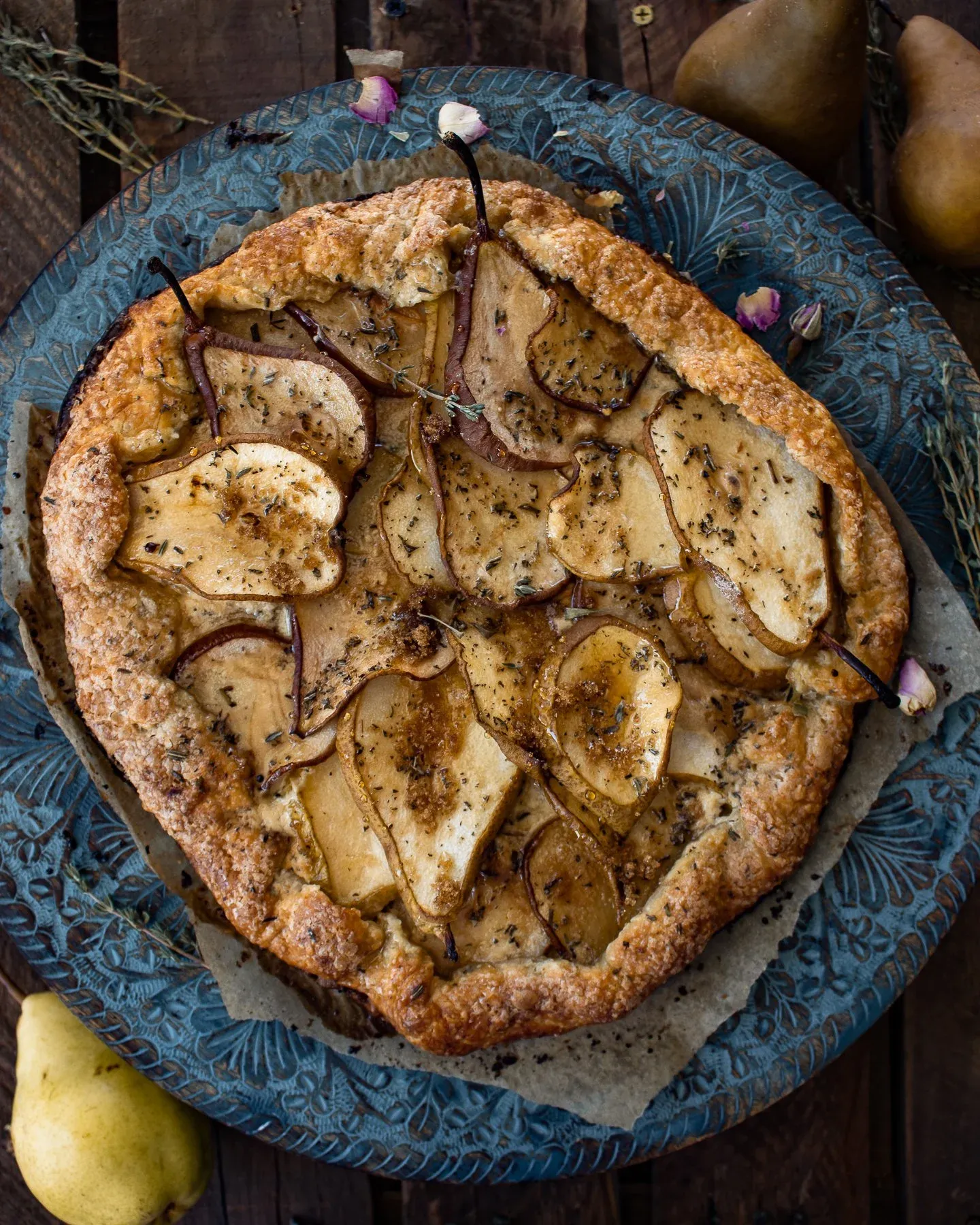 Overhead shot of the plain Pear and Mascarpone Thyme Galette before adding ice cream