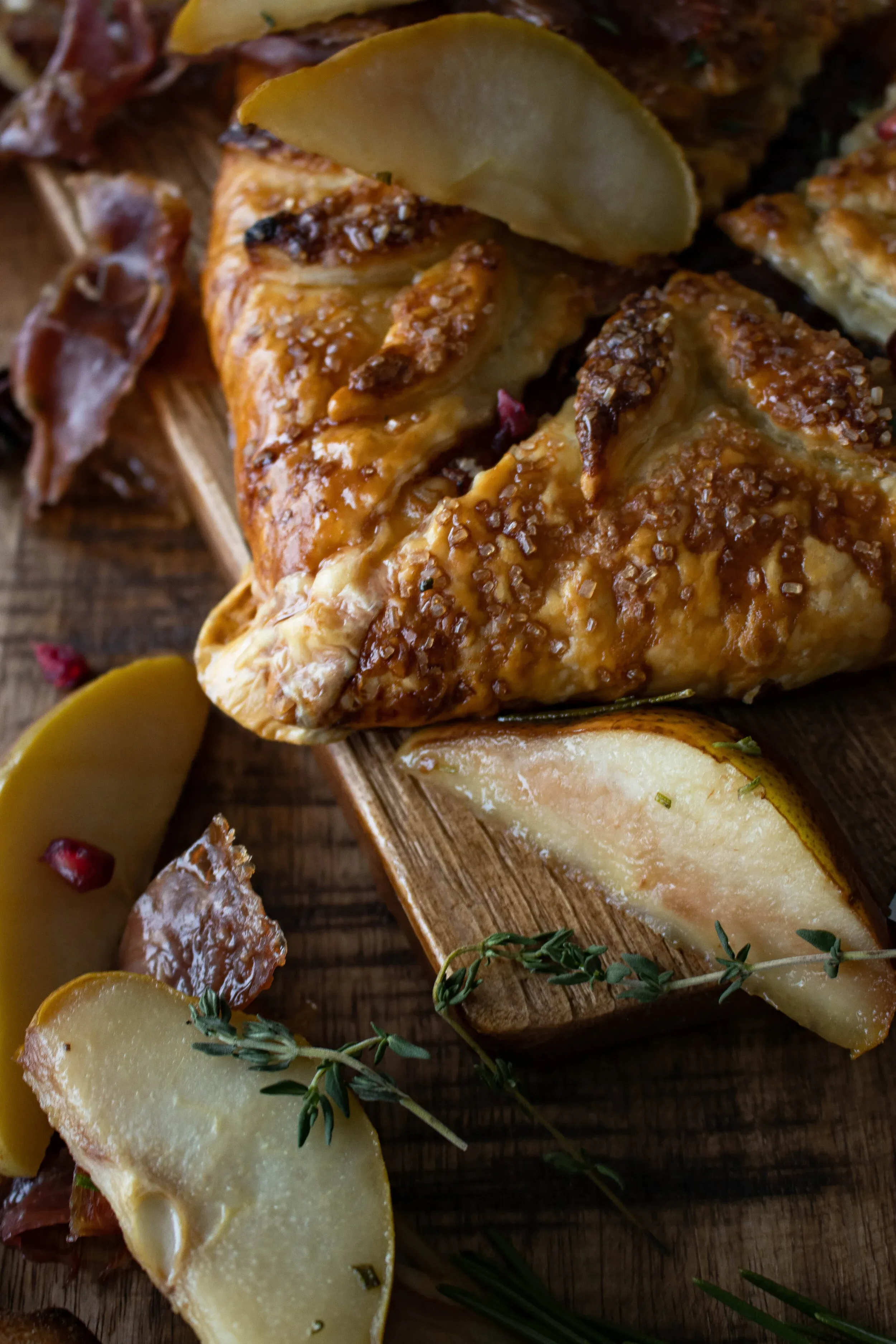 Close angled shot of a corner of the baked Wrapped Brie en croute