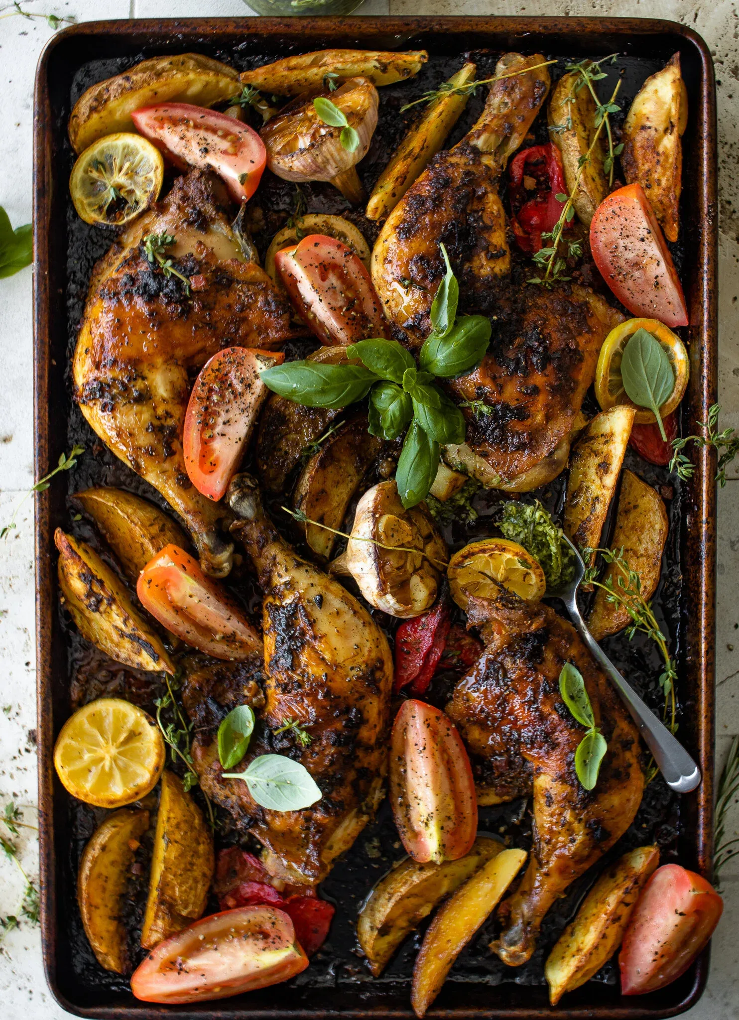 Full overhead view of the complete sheet pan of Dominican Roasted Chicken with Wasakaka