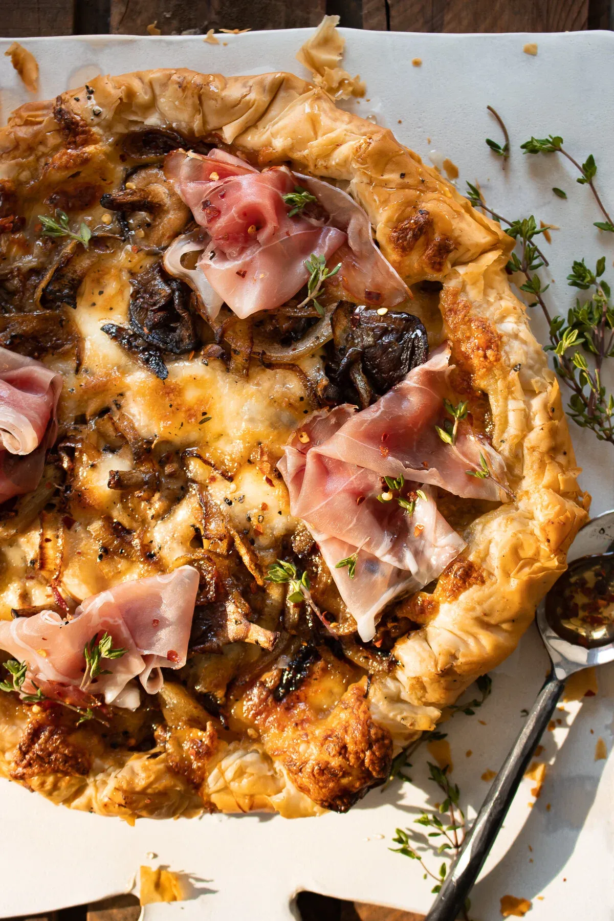 Angled close-up of the Mushroom and Caramelized Onion Phyllo Tart