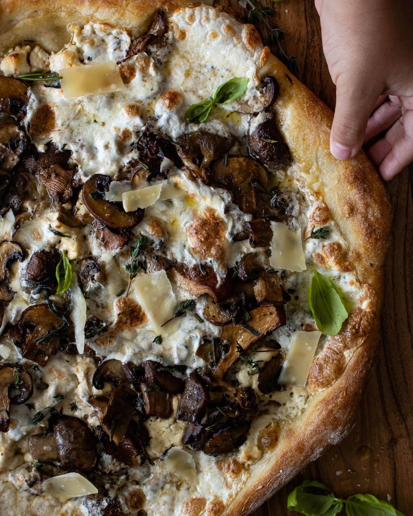 Angled overhead close-up of the whole Mushroom and Goat Cheese Pizza with a hand reaching into frame from the top right