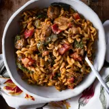 Overhead view of a white ceramic bowl of Cajun Chicken and Sausage Pasta