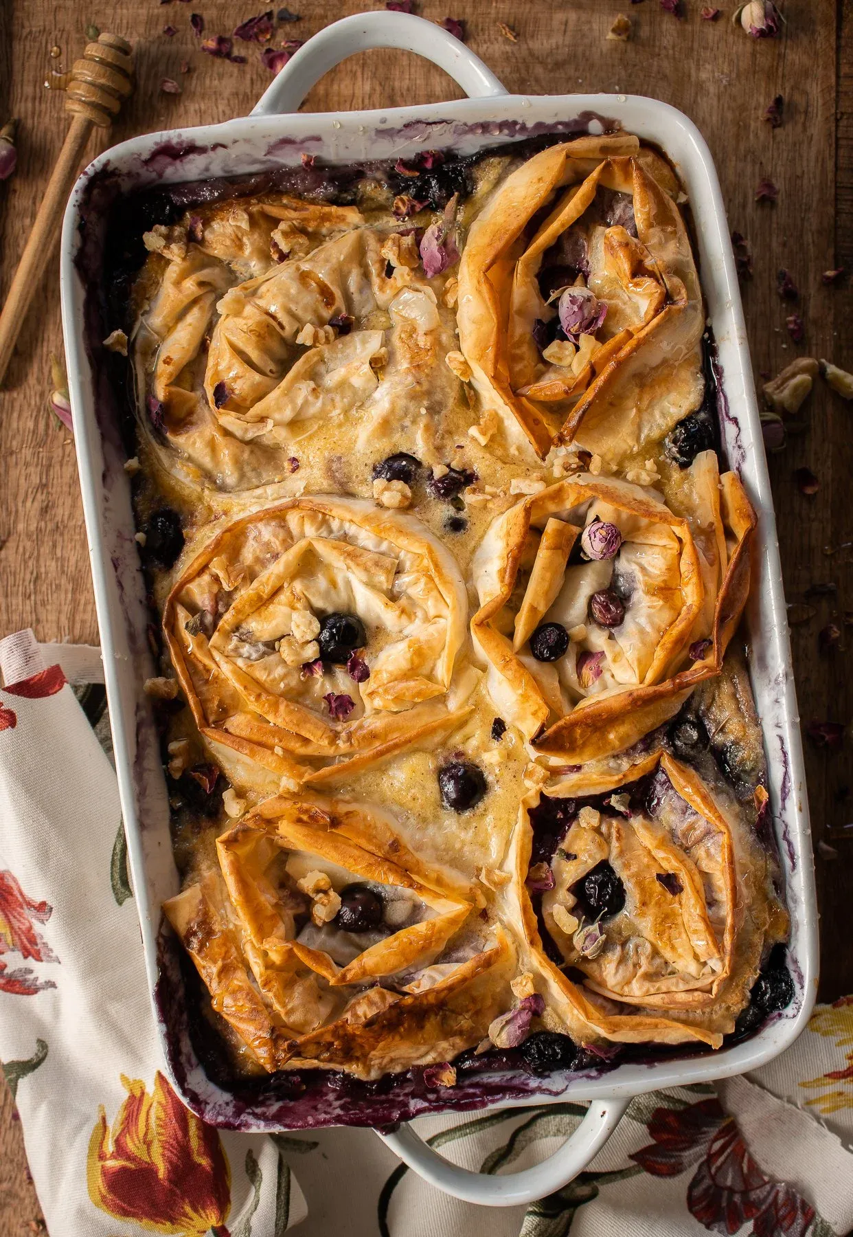 Overhead shot of Blueberry Phyllo Milk Pie baked in a white rectangular dish with handles