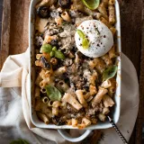 Baked Mushroom Pasta with Burrata in a white rectangular ceramic baking dish