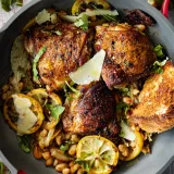 Oven Roasted Chicken with White Beans and Sundried Tomatoes in a gray Staub-style braiser with bright red handles