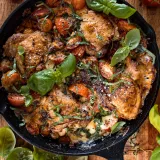 Overhead view of cast iron caprese chicken thighs in a black cast iron skillet on a rustic wooden board