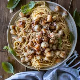 Overhead shot of a wide cream speckled ceramic plate piled with Garlic Butter Pasta with Seared Scallops