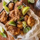 Angled overhead view of pica pollo Dominican fried chicken piled in a square metal tray lined with crumpled parchment paper